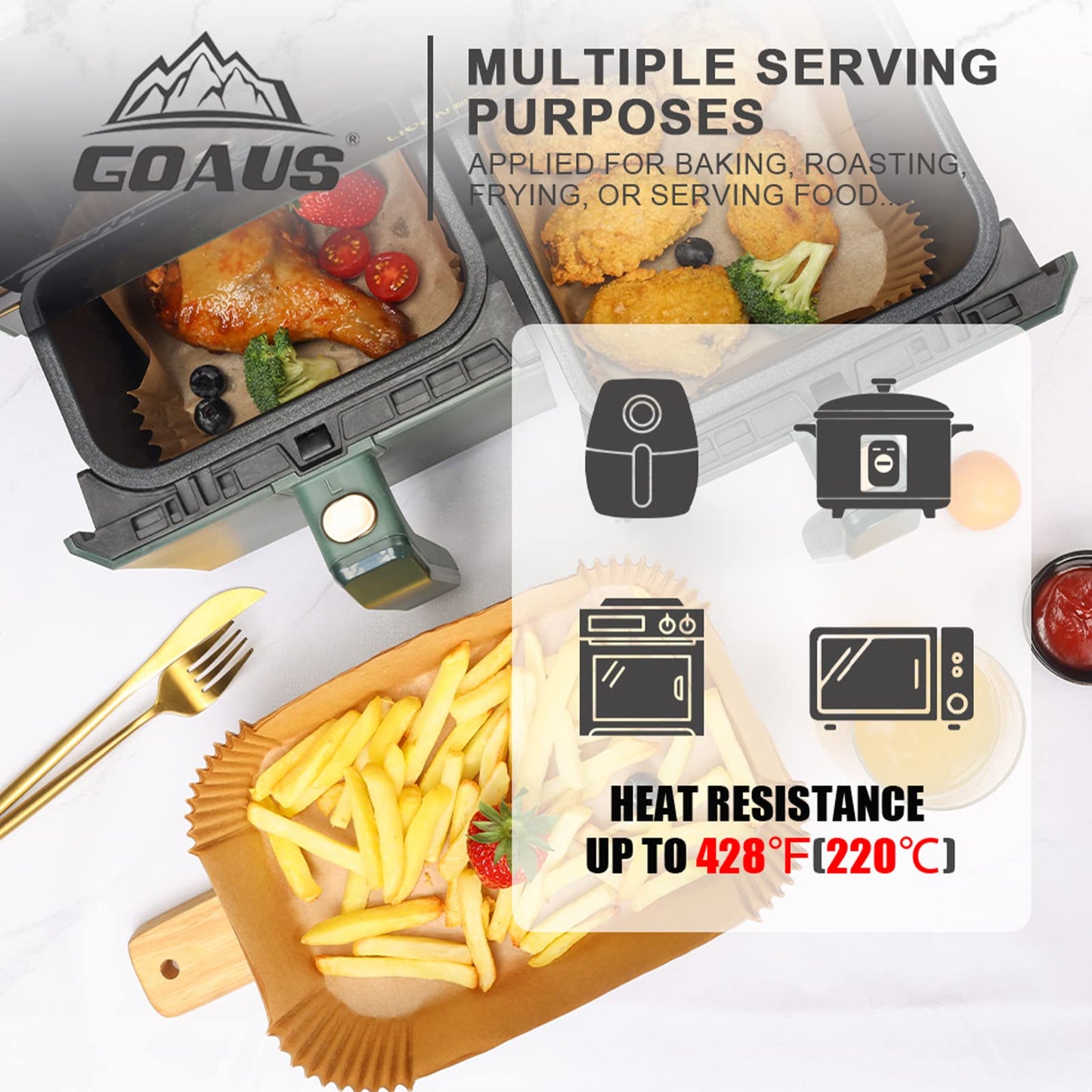 GOAUS Parchment Paper Liners 8.6x5.5 inch for Dual Air Fryer 2 Baskets 8 Qt and above, 150 Pcs Air Fryer Liners Disposable Rectangle Fit Ninja DZ201 DZ401 DZ090