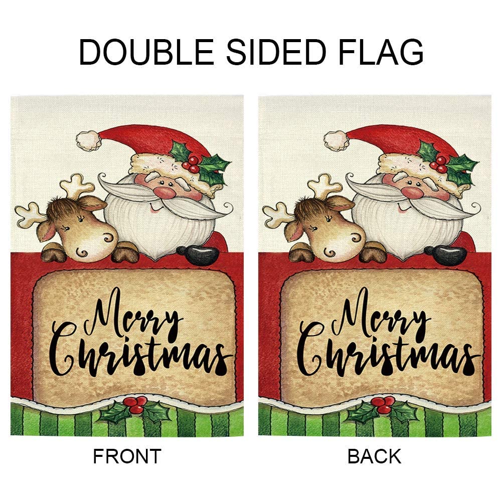 GOAUS Merry Christmas House Flag,Santa Claus and Cute Sleigh Reindeer,Double Sided Burlap Decorative Garden Flags for Home Lawn 28 x 40 inch Yard Indoor Outdoor Decor,28 x 40 Inch