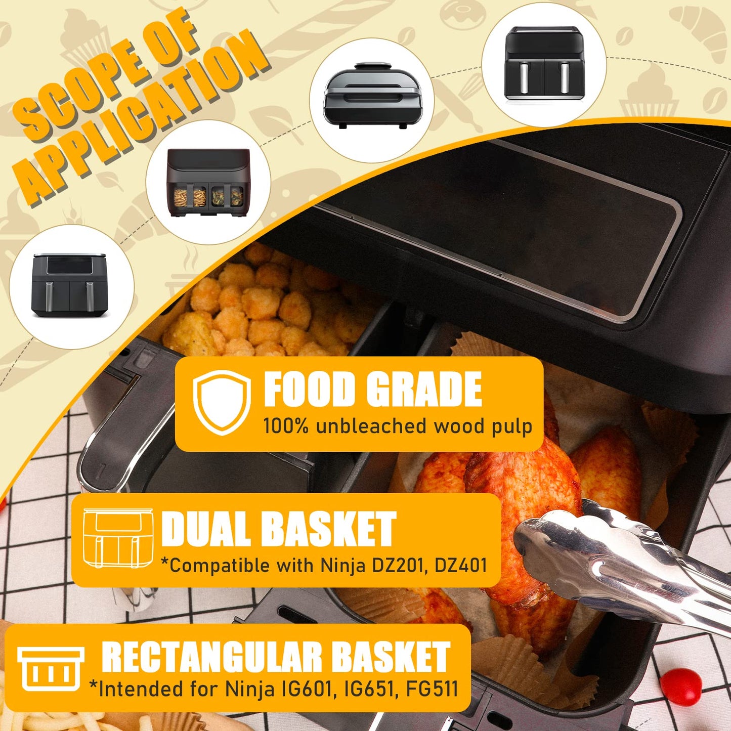 GOAUS Air Fryer 100 Pcs Rectangular Paper Liners Disposable for Dual Air Fryer with 2 Baskets 8 Qt and above, 8.6x5.5 inches Parchment Paper Rectangle, Fit Ninja DZ201 DZ401 IG651