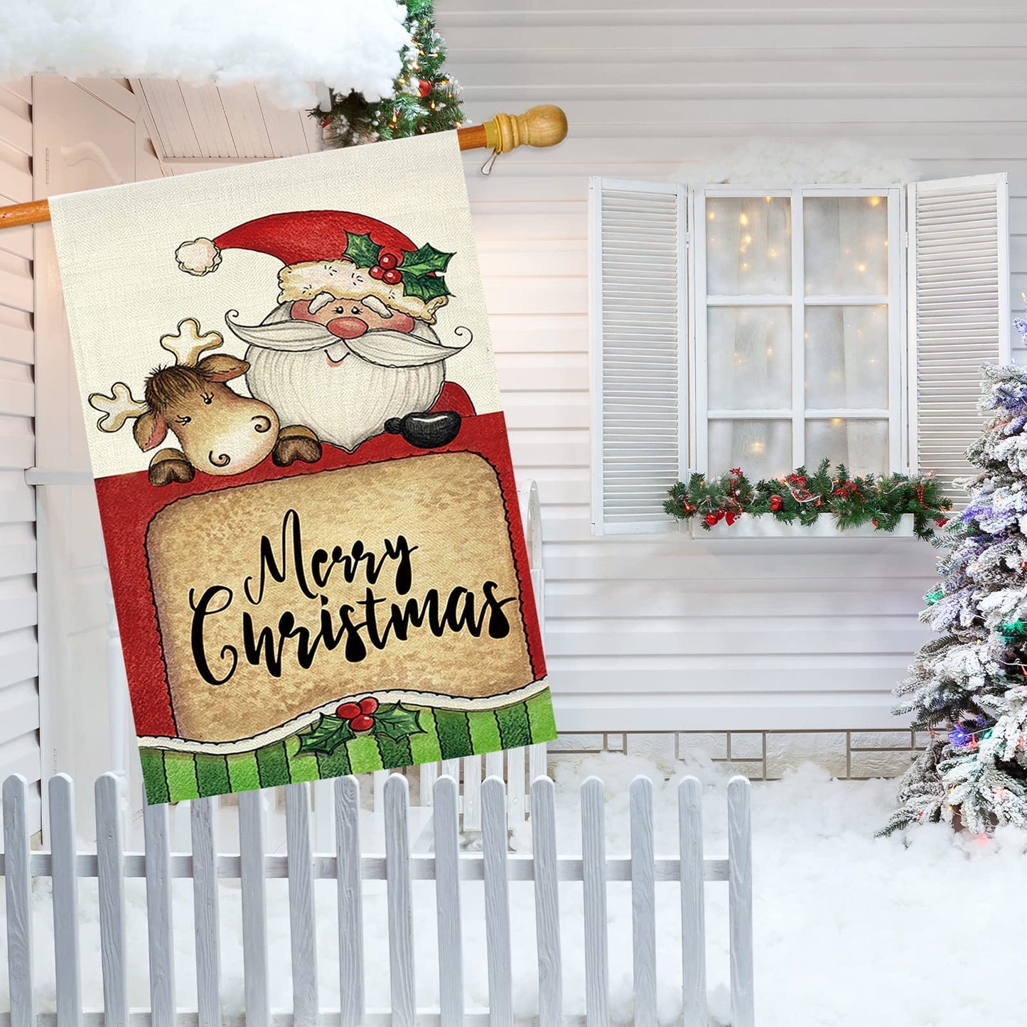 GOAUS Merry Christmas House Flag,Santa Claus and Cute Sleigh Reindeer,Double Sided Burlap Decorative Garden Flags for Home Lawn 28 x 40 inch Yard Indoor Outdoor Decor,28 x 40 Inch