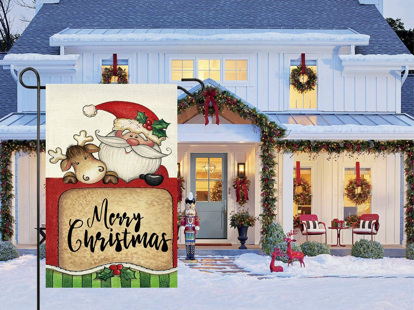 GOAUS Merry Christmas Garden Flag,Santa Claus and Cute Sleigh Reindeer,Double Sided Burlap Decorative House Flags for Home Lawn Yard Indoor Outdoor Decor,12 x 18 Inch