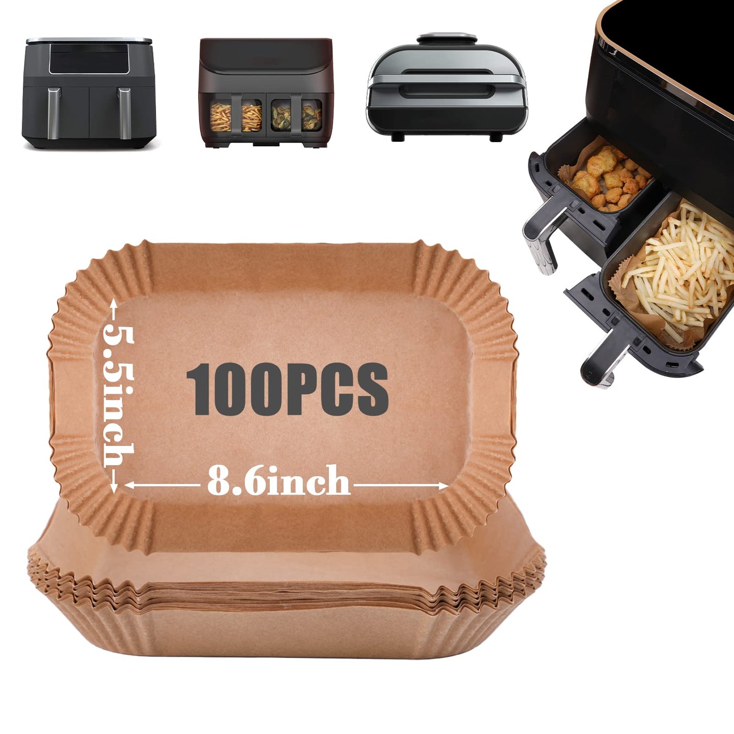 GOAUS Air Fryer 100 Pcs Rectangular Paper Liners Disposable for Dual Air Fryer with 2 Baskets 8 Qt and above, 8.6x5.5 inches Parchment Paper Rectangle, Fit Ninja DZ201 DZ401 IG651