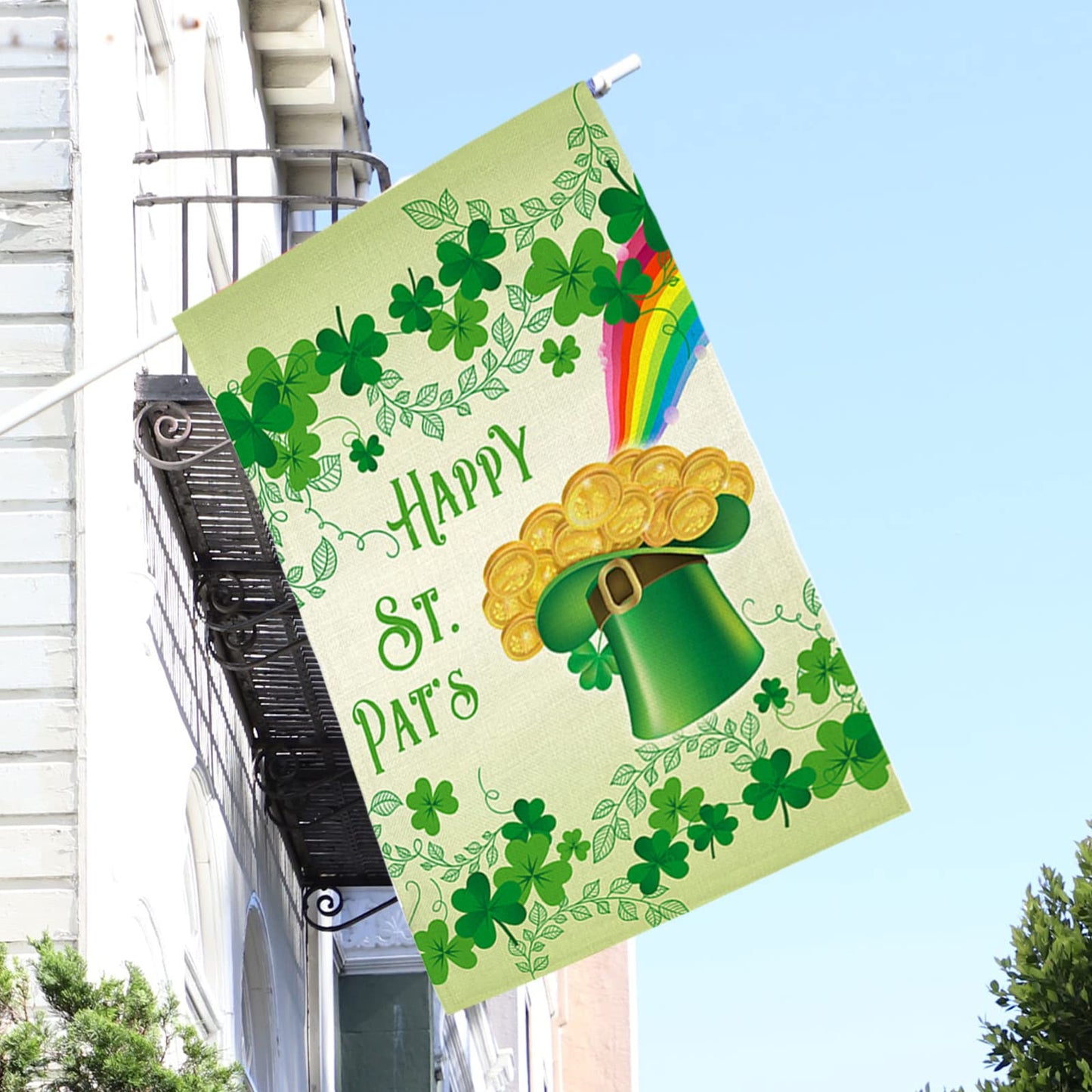 Happy St. Patrick's Day Large House Flag,Clovers Irish Green Shamrocks,Leprechaun Top Hat Gold Coin Rainbow,Double Sided Burlap Garden Flags for Home Lawn Yard Indoor Outdoor Decor,28 x 40 Inch