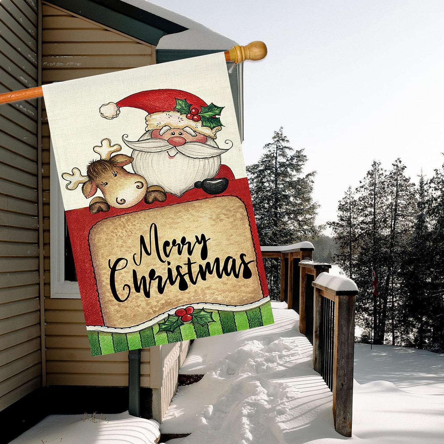 GOAUS Merry Christmas House Flag,Santa Claus and Cute Sleigh Reindeer,Double Sided Burlap Decorative Garden Flags for Home Lawn 28 x 40 inch Yard Indoor Outdoor Decor,28 x 40 Inch