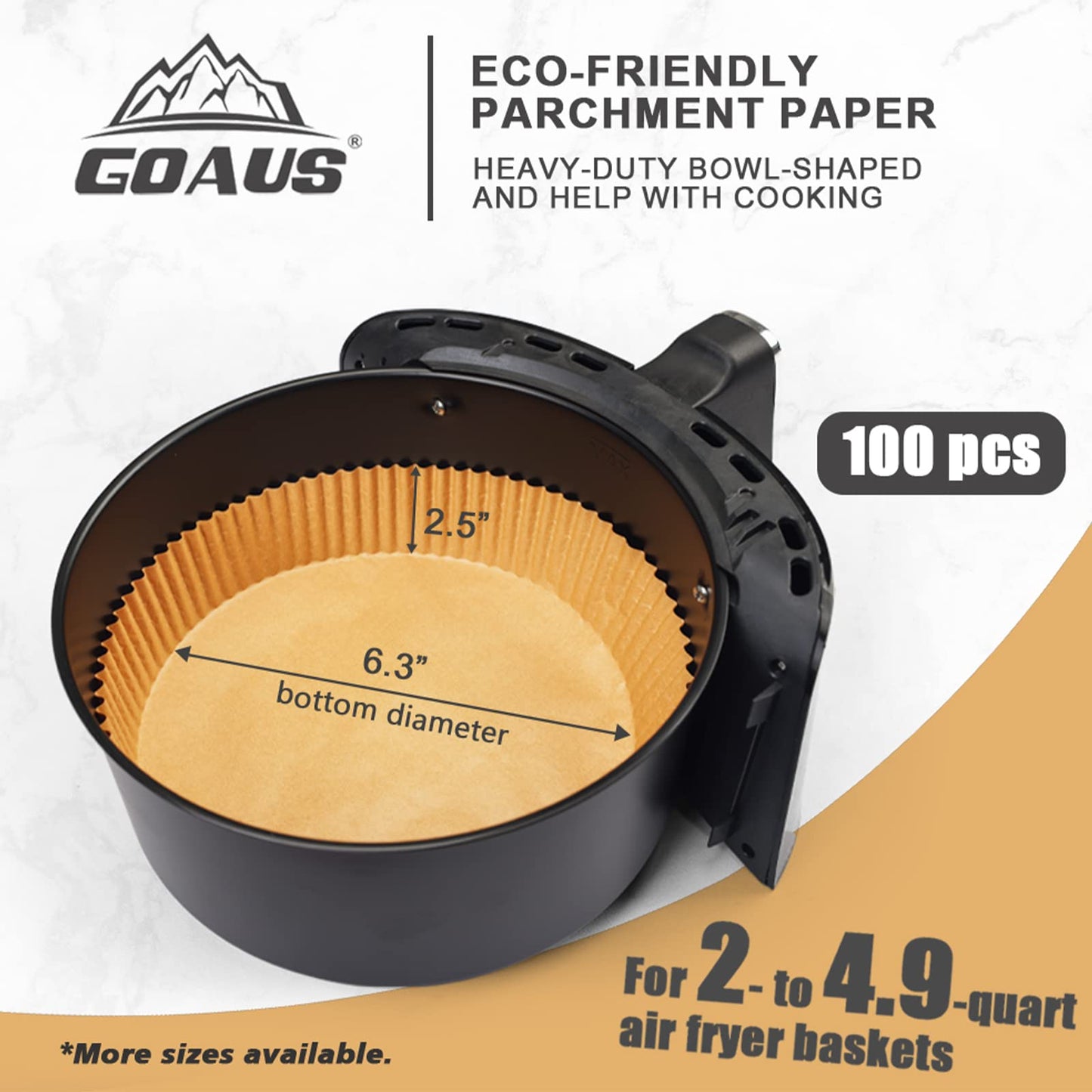 GOAUS Air Fryer 100 Pcs Round Paper Liners Disposable for 2 to 5 Qt Basket, 6.3 inch Unbleached Non-stick Parchment Paper