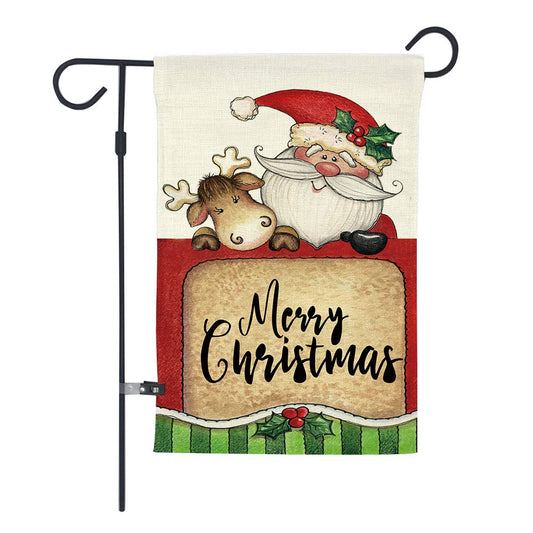 GOAUS Merry Christmas Garden Flag,Santa Claus and Cute Sleigh Reindeer,Double Sided Burlap Decorative House Flags for Home Lawn Yard Indoor Outdoor Decor,12 x 18 Inch
