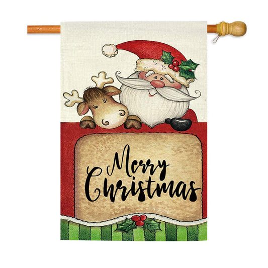 GOAUS Merry Christmas House Flag,Santa Claus and Cute Sleigh Reindeer,Double Sided Burlap Decorative Garden Flags for Home Lawn 28 x 40 inch Yard Indoor Outdoor Decor,28 x 40 Inch
