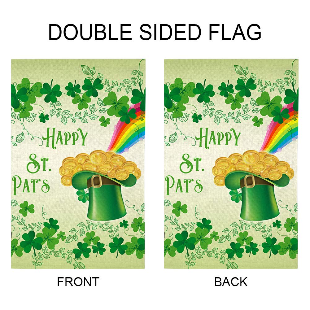 Happy St. Patrick's Day Large House Flag,Clovers Irish Green Shamrocks,Leprechaun Top Hat Gold Coin Rainbow,Double Sided Burlap Garden Flags for Home Lawn Yard Indoor Outdoor Decor,28 x 40 Inch