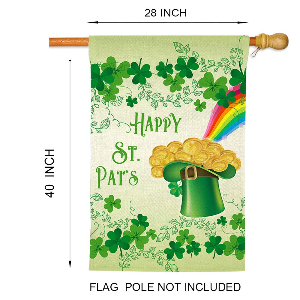 Happy St. Patrick's Day Large House Flag,Clovers Irish Green Shamrocks,Leprechaun Top Hat Gold Coin Rainbow,Double Sided Burlap Garden Flags for Home Lawn Yard Indoor Outdoor Decor,28 x 40 Inch