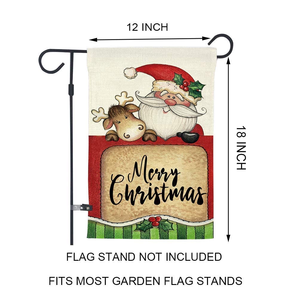 GOAUS Merry Christmas Garden Flag,Santa Claus and Cute Sleigh Reindeer,Double Sided Burlap Decorative House Flags for Home Lawn Yard Indoor Outdoor Decor,12 x 18 Inch