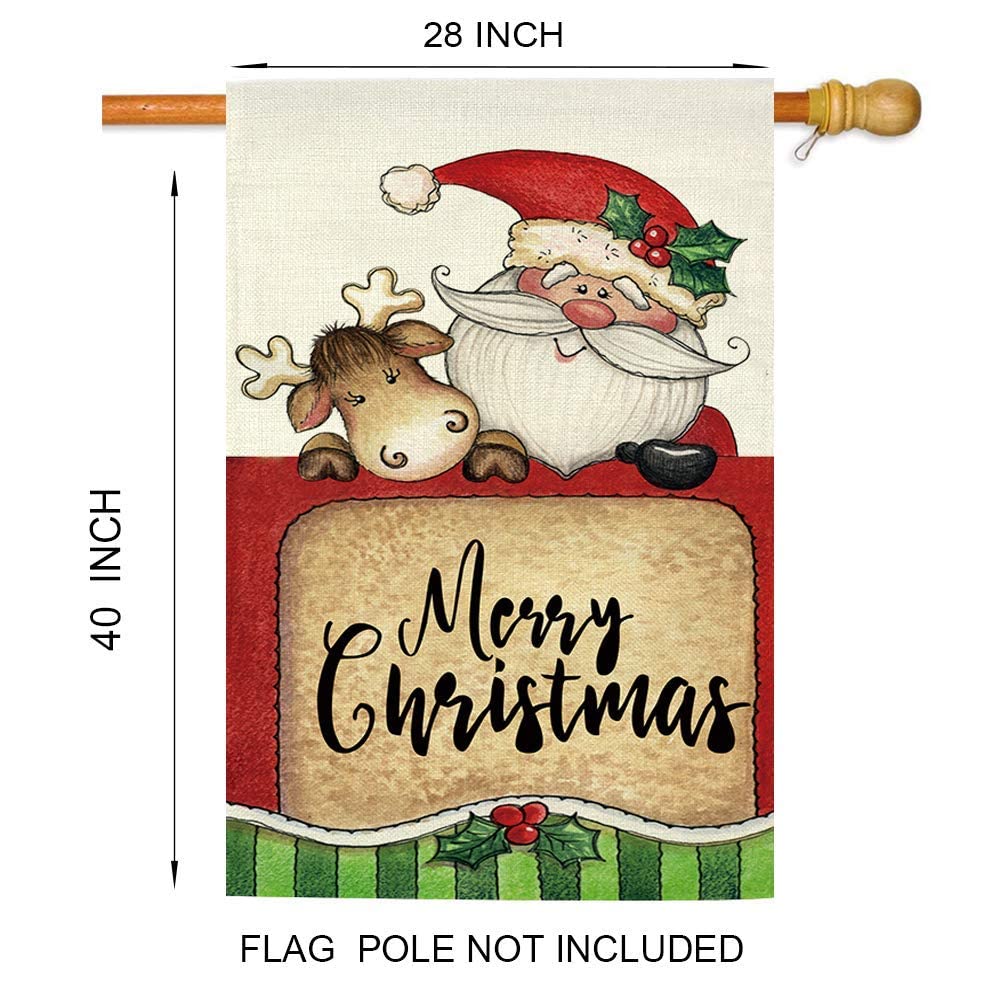 GOAUS Merry Christmas House Flag,Santa Claus and Cute Sleigh Reindeer,Double Sided Burlap Decorative Garden Flags for Home Lawn 28 x 40 inch Yard Indoor Outdoor Decor,28 x 40 Inch