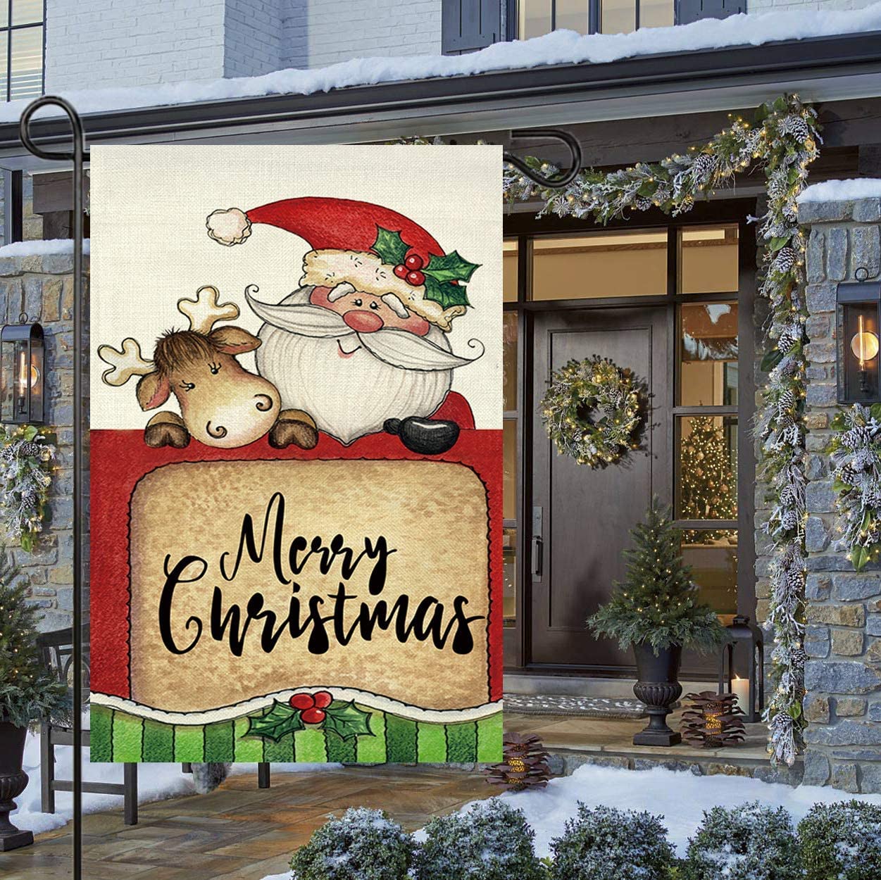 GOAUS Merry Christmas Garden Flag,Santa Claus and Cute Sleigh Reindeer,Double Sided Burlap Decorative House Flags for Home Lawn Yard Indoor Outdoor Decor,12 x 18 Inch