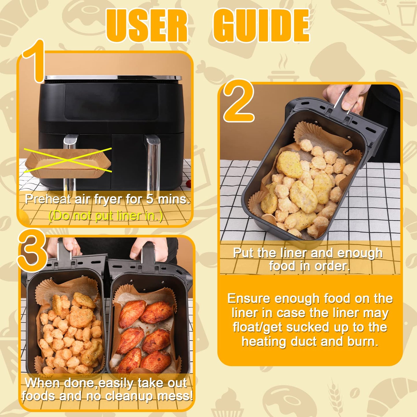 GOAUS Air Fryer 100 Pcs Rectangular Paper Liners Disposable for Dual Air Fryer with 2 Baskets 8 Qt and above, 8.6x5.5 inches Parchment Paper Rectangle, Fit Ninja DZ201 DZ401 IG651