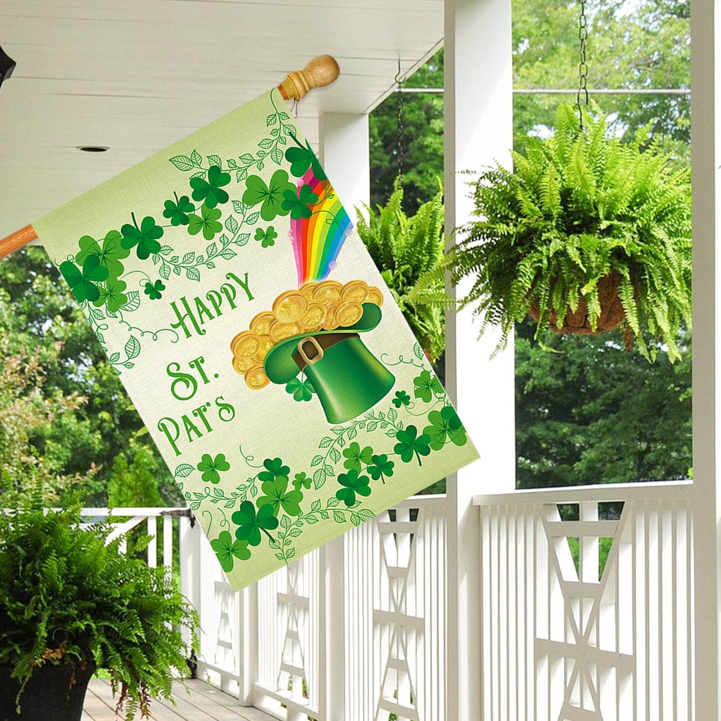 Happy St. Patrick's Day Large House Flag,Clovers Irish Green Shamrocks,Leprechaun Top Hat Gold Coin Rainbow,Double Sided Burlap Garden Flags for Home Lawn Yard Indoor Outdoor Decor,28 x 40 Inch