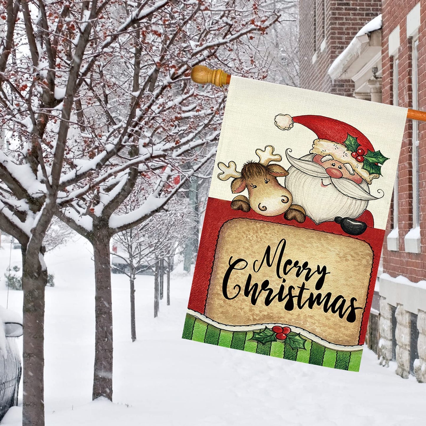 GOAUS Merry Christmas House Flag,Santa Claus and Cute Sleigh Reindeer,Double Sided Burlap Decorative Garden Flags for Home Lawn 28 x 40 inch Yard Indoor Outdoor Decor,28 x 40 Inch