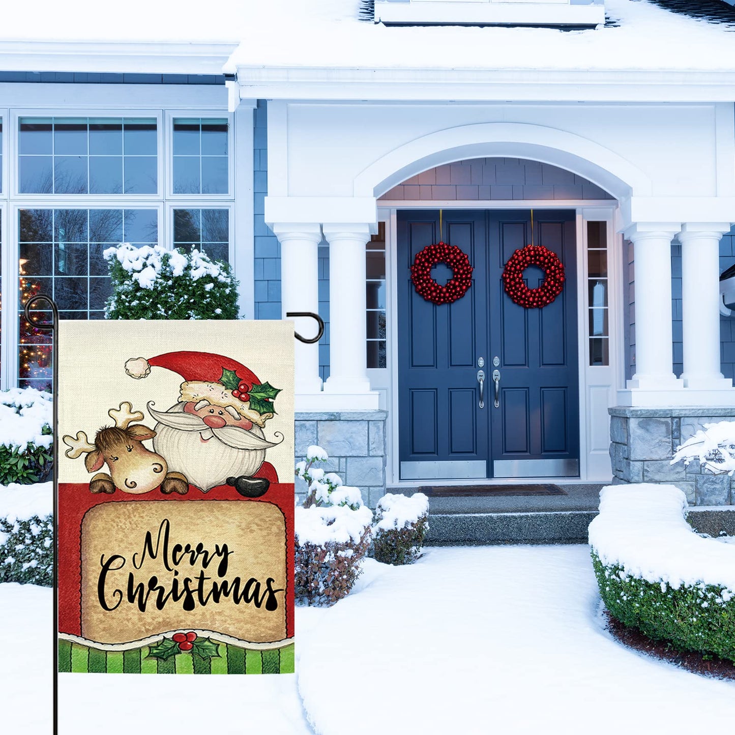 GOAUS Merry Christmas Garden Flag,Santa Claus and Cute Sleigh Reindeer,Double Sided Burlap Decorative House Flags for Home Lawn Yard Indoor Outdoor Decor,12 x 18 Inch