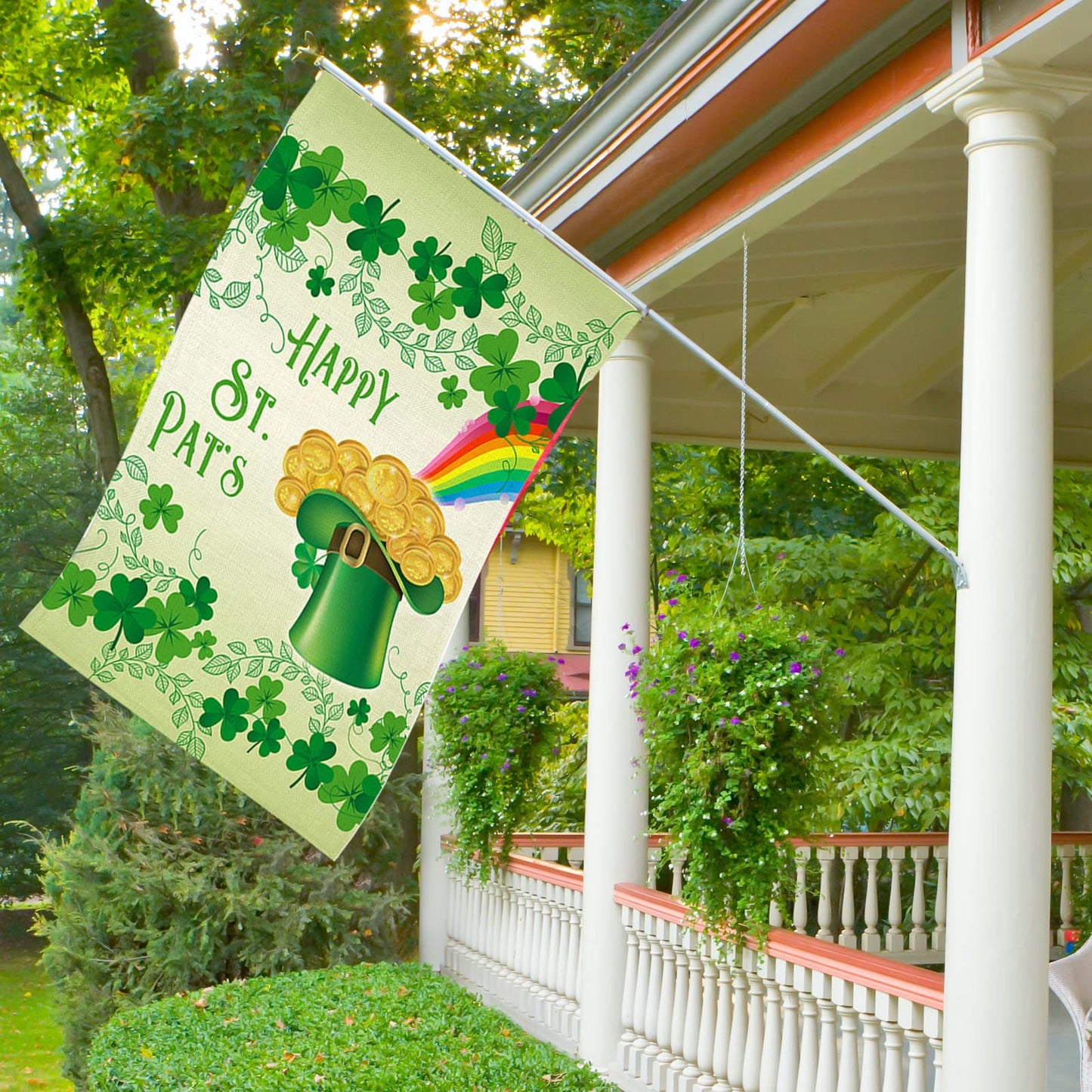 Happy St. Patrick's Day Large House Flag,Clovers Irish Green Shamrocks,Leprechaun Top Hat Gold Coin Rainbow,Double Sided Burlap Garden Flags for Home Lawn Yard Indoor Outdoor Decor,28 x 40 Inch