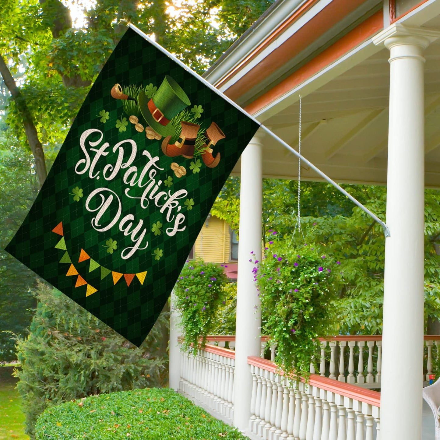 Happy St. Patrick's Day House Flag,Clovers Irish Green Shamrocks,Leprechaun Top Hat Gold Coin,Double Sided Burlap Decorative Garden Flags for Home Lawn Yard Indoor Outdoor Decor,28 x 40 Inch