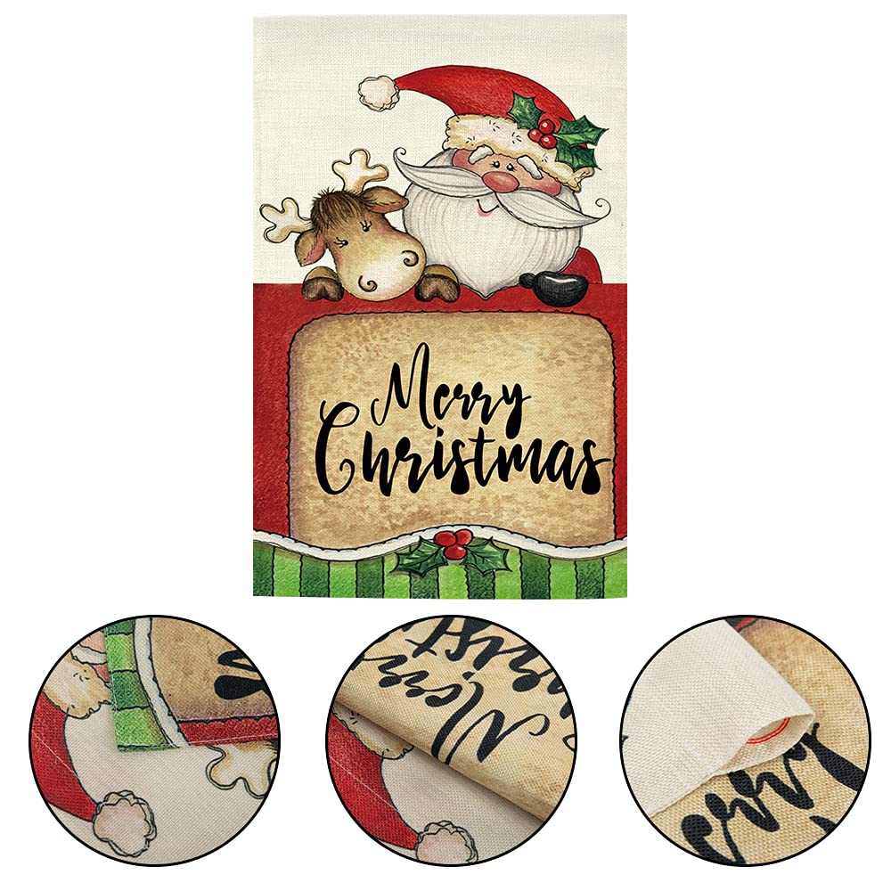 GOAUS Merry Christmas Garden Flag,Santa Claus and Cute Sleigh Reindeer,Double Sided Burlap Decorative House Flags for Home Lawn Yard Indoor Outdoor Decor,12 x 18 Inch